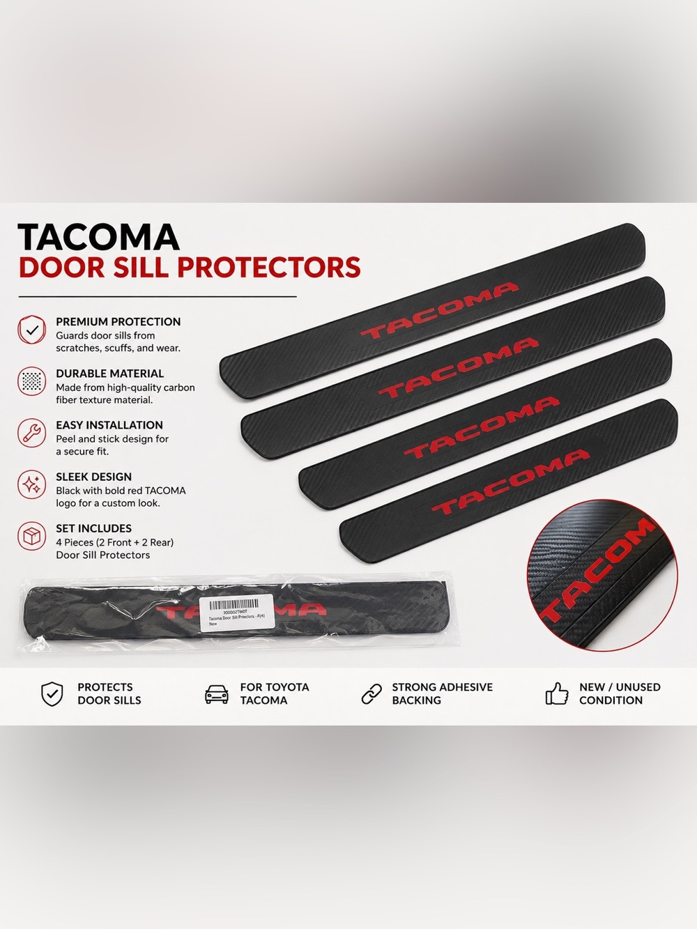 4pc Tacoma Door Sill Protectors - Black with Red Tacoma Logo